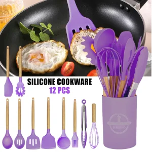 12pcs Silicone Kitchenware Cooking Utensils Set Non Stick Cookware Spatula Shovel Egg Beaters Baking Set with Storage Bucket